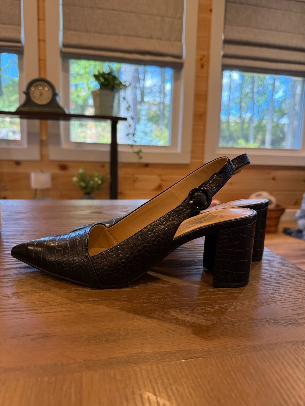 Franco Sarto Black Croc-Embossed Slingback Block Heel Pumps